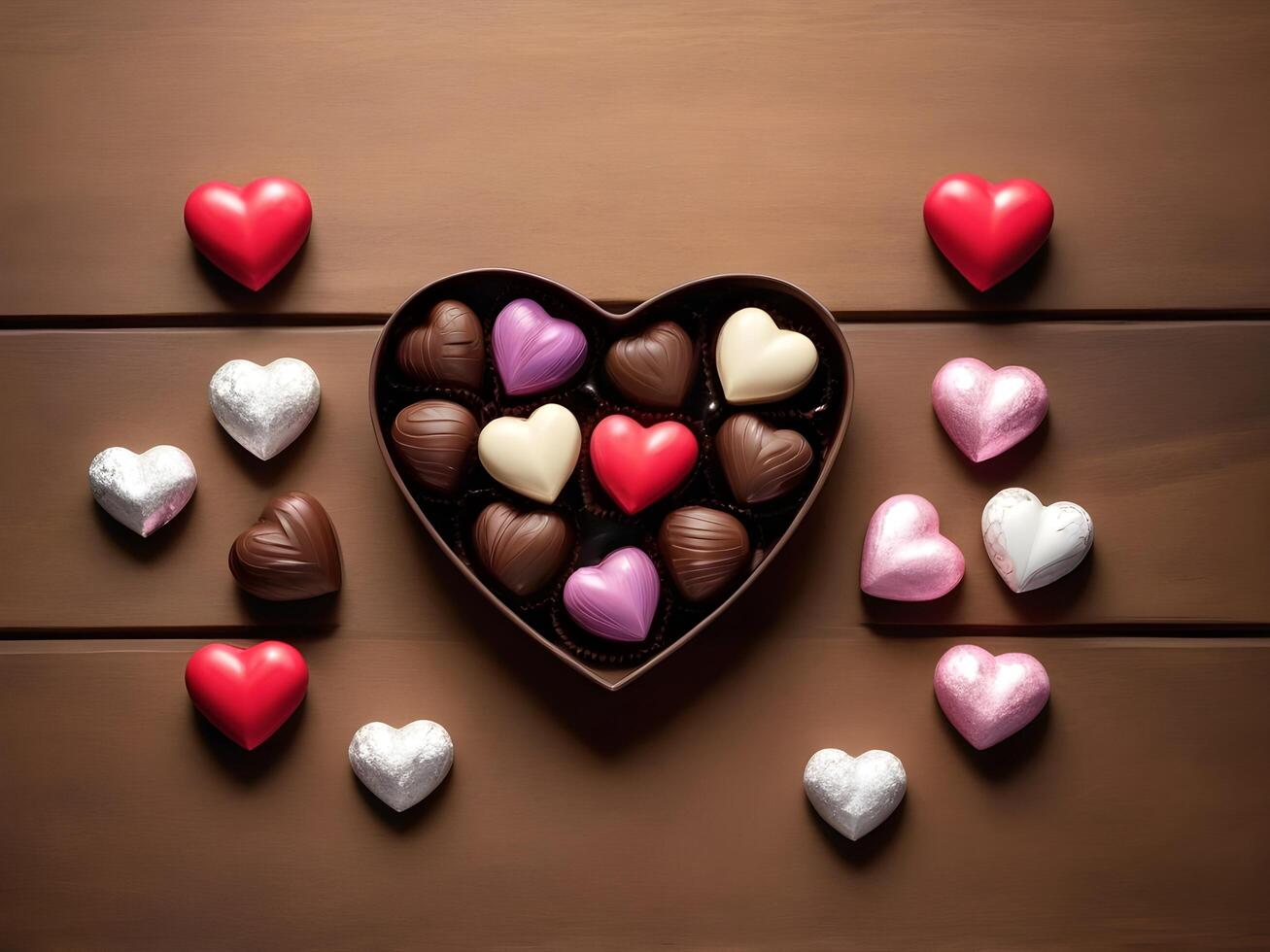 A cozy scene with heart-shaped chocolates on a wooden table, illuminated by soft lighting, with plenty of room for a special Valentine message. photo