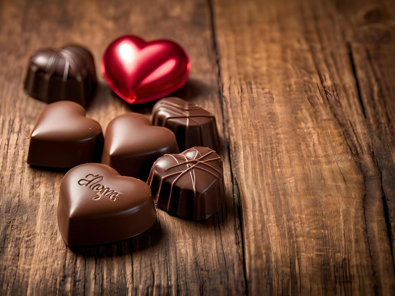 Heart-shaped chocolates delicately placed on a wooden surface, with the soft glow of lighting creating a stunning contrast, leaving room for a romantic message. photo