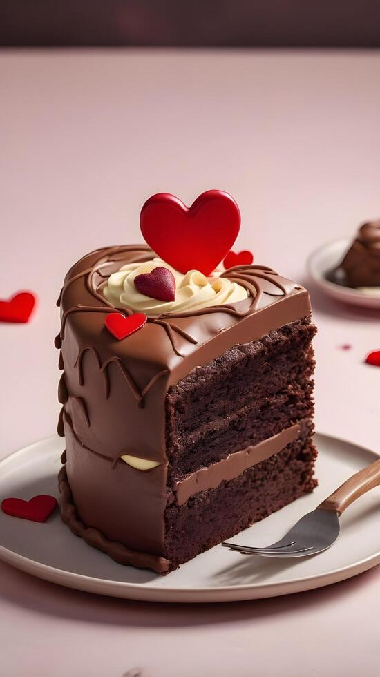 The white chocolate heart on the chocolate cake is highlighted by soft lighting, leaving room for a Valentine Day message in the center. photo
