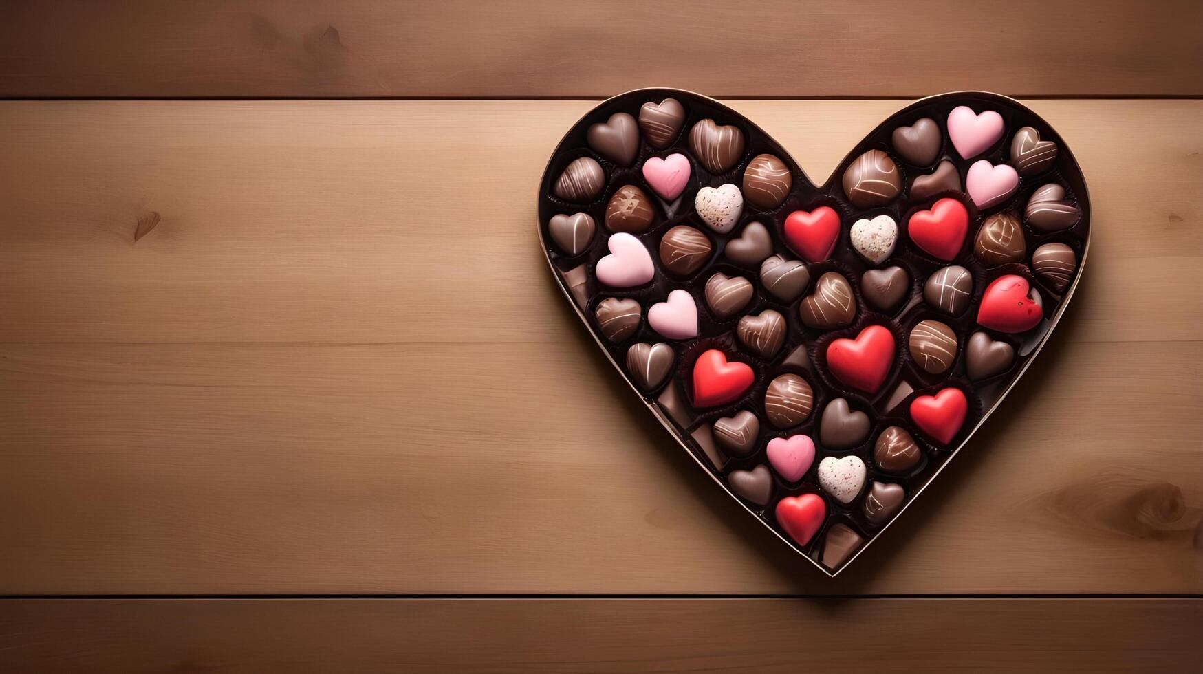 Softly lit heart-shaped chocolates on a wooden surface, with the natural texture of the wood providing a beautiful contrast, leaving room for a Valentine message. photo