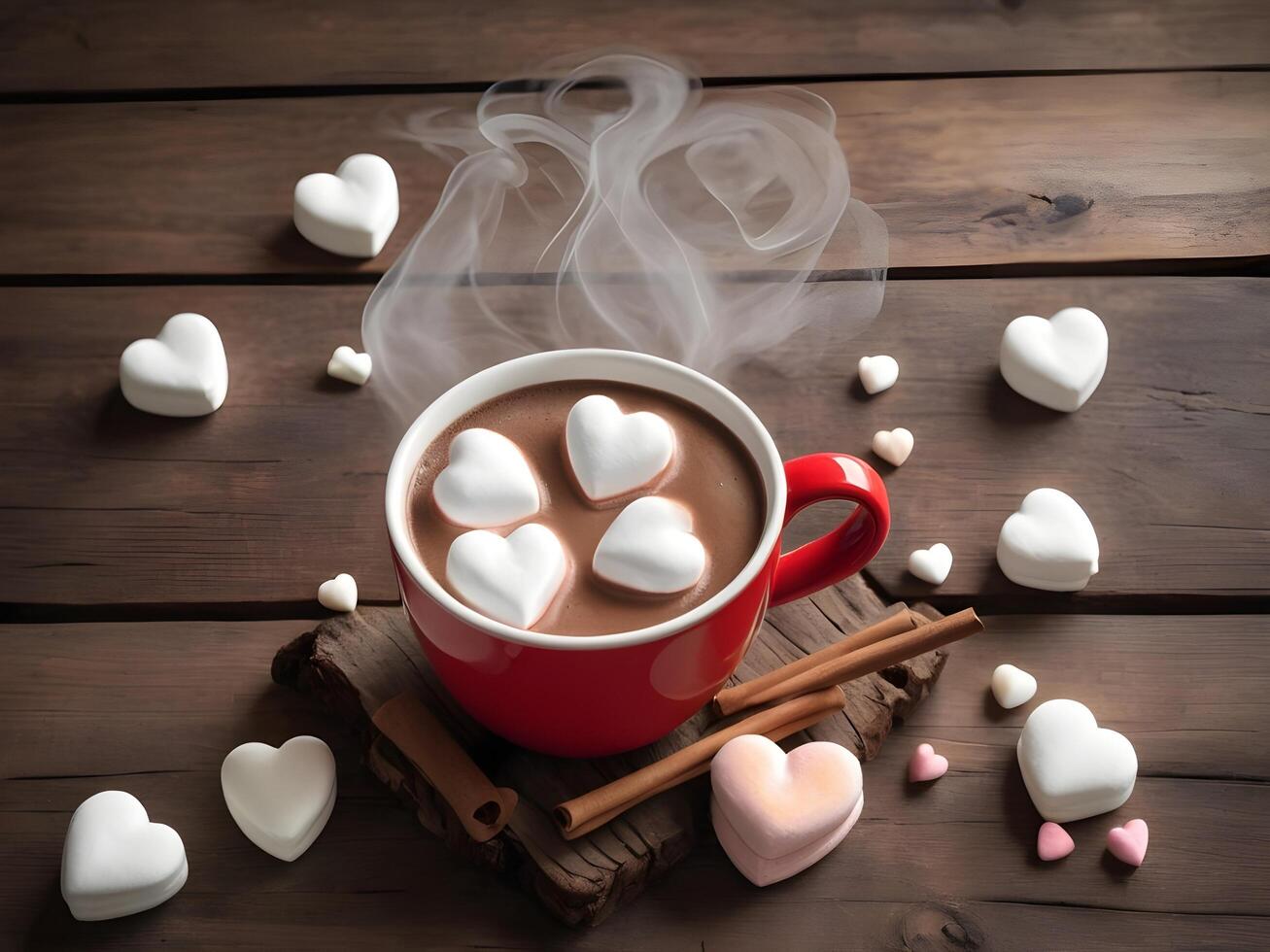 A rustic wooden surface holds a warm cup of hot chocolate topped with heart-shaped marshmallows, with soft steam rising and leaving room for a sweet message. photo