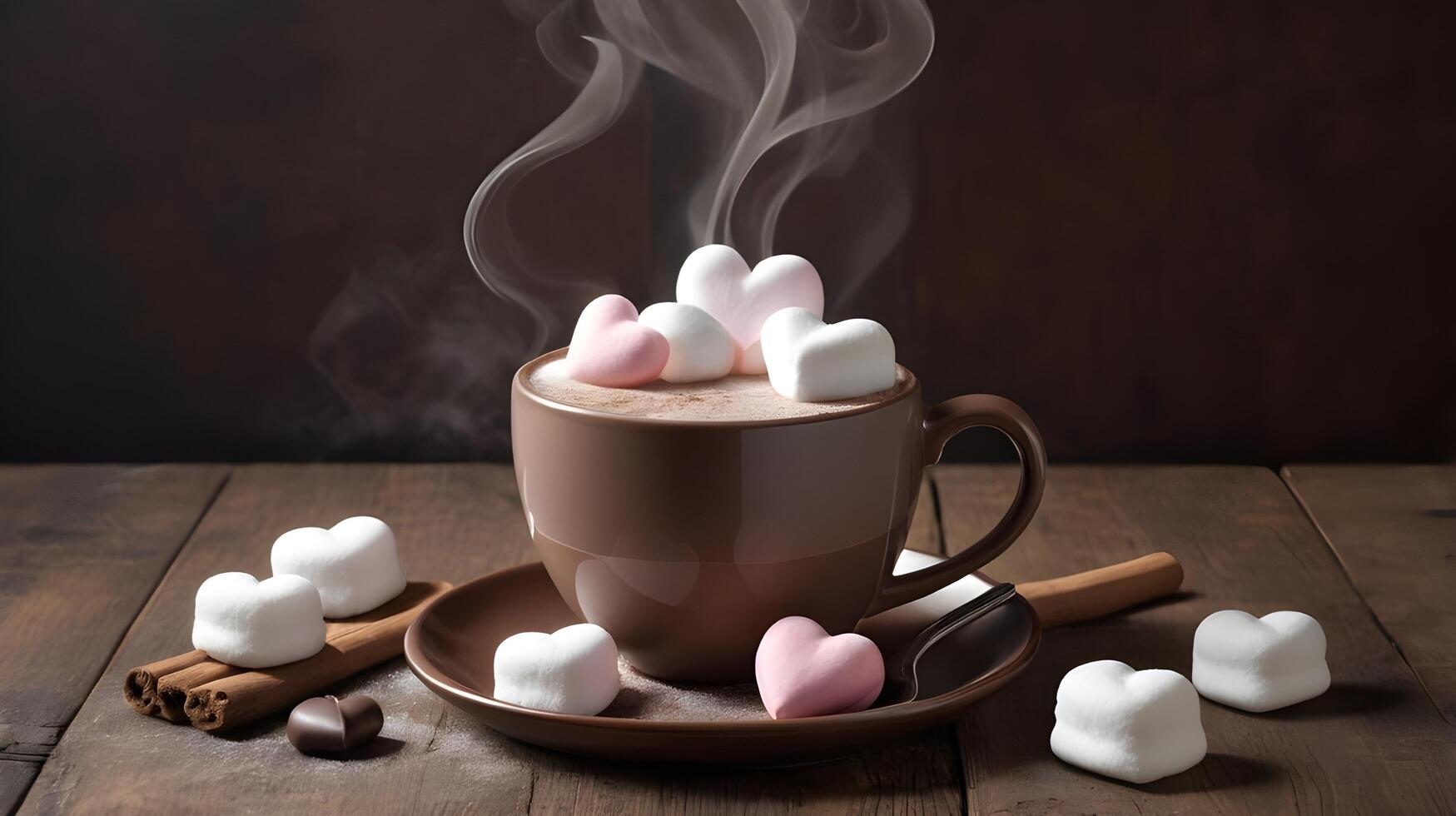 A comforting cup of hot chocolate with floating heart-shaped marshmallows is placed on a rustic wooden table, with the soft steam creating space for a heartfelt message. photo