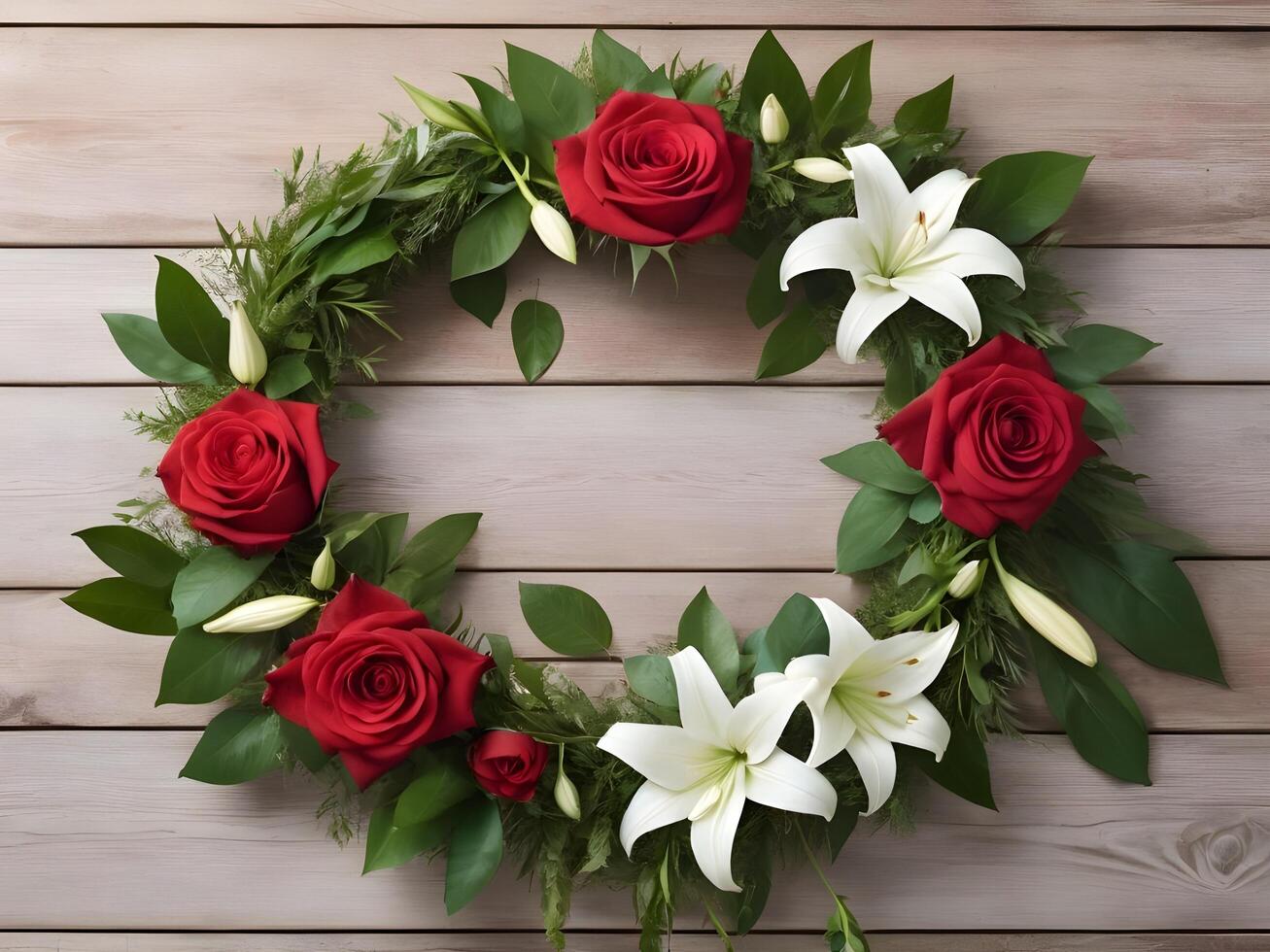 A floral wreath of red roses, white lilies, and green leaves is carefully placed on a wooden surface, leaving ample space for a Valentine Day message in the middle. photo