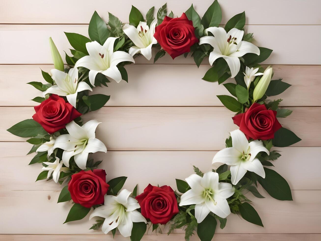 The gorgeous wreath, featuring red roses, white lilies, and green leaves, is positioned on a wooden surface with space in the center for a romantic message. photo