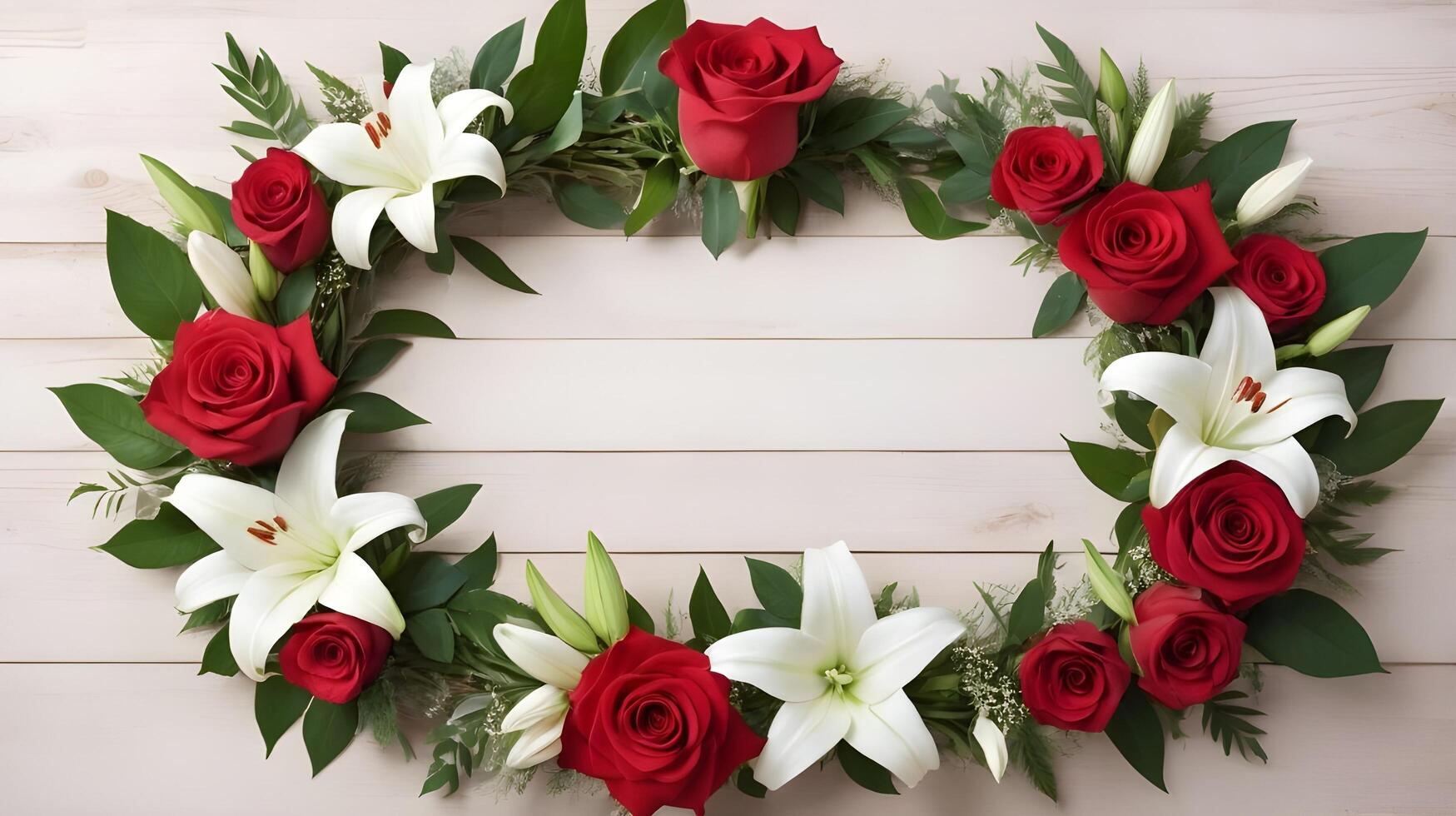 Red roses, white lilies, and green leaves form a charming wreath on a wooden surface, offering space in the center for a loving Valentine message. photo