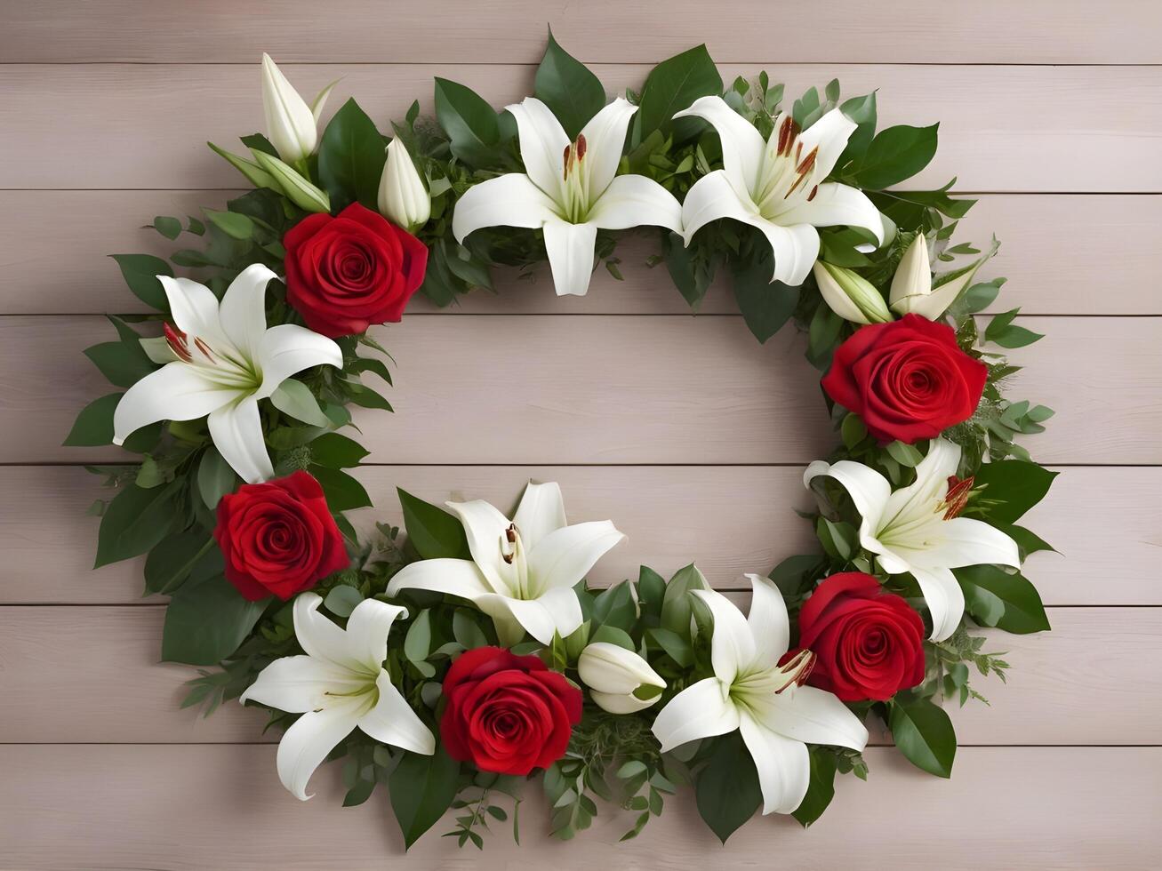 A romantic floral wreath of red roses, white lilies, and lush green leaves sits on a wooden surface, leaving ample space for a Valentine Day message in the center. photo