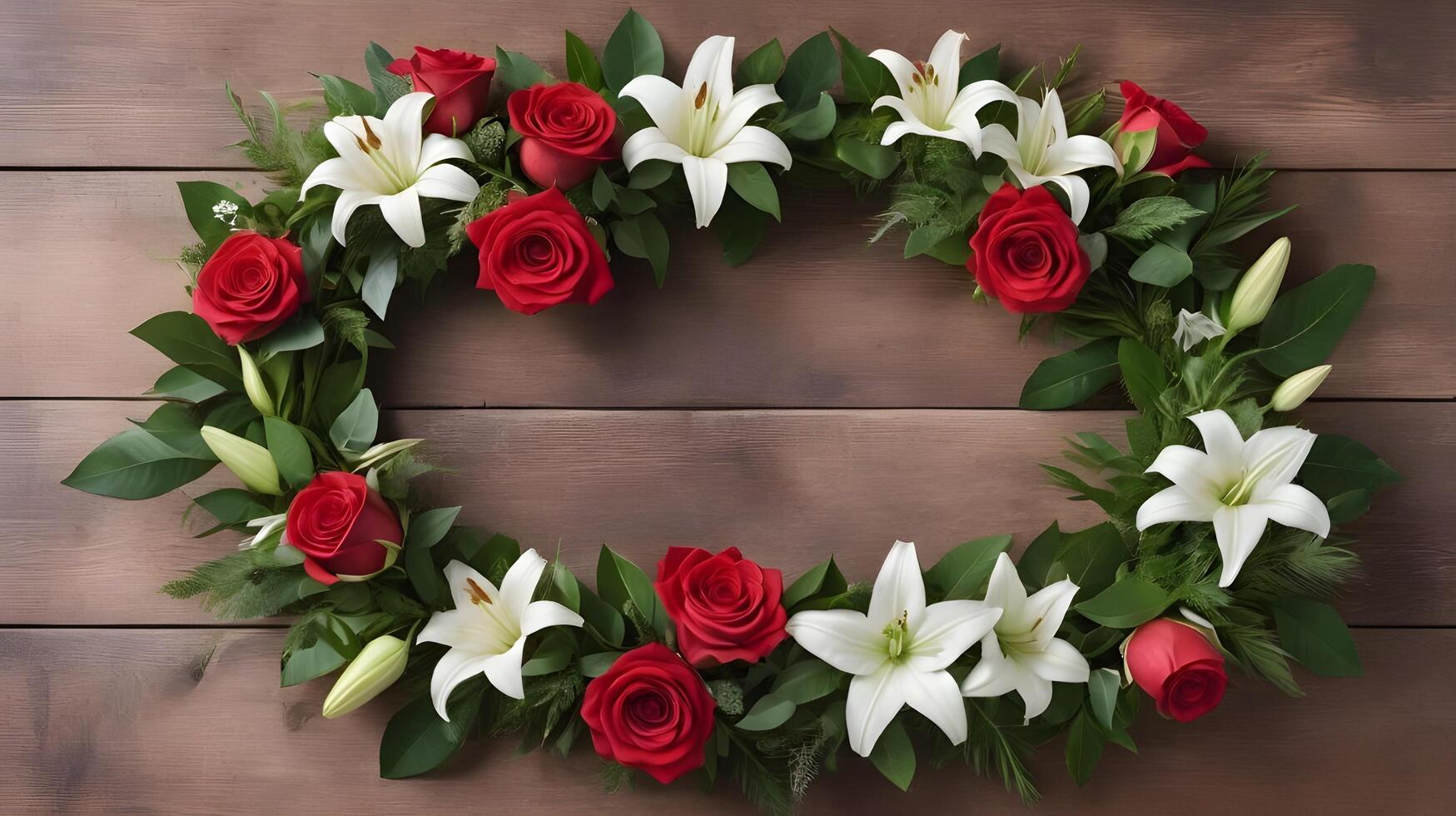 A beautifully arranged wreath of red roses, white lilies, and green leaves is placed on a wooden surface, with space in the middle perfect for a romantic message. photo