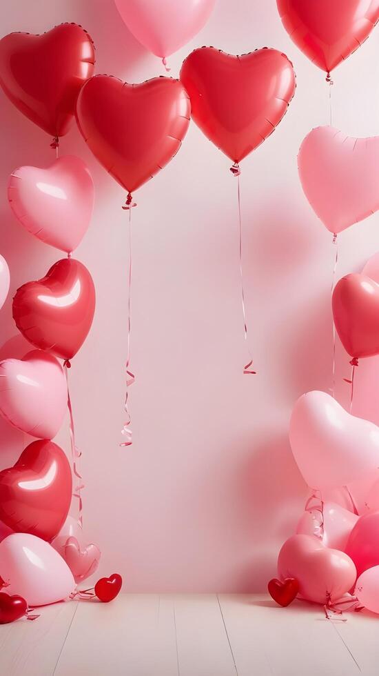 The blurred red and pink heart-shaped balloons, illuminated gently, leave plenty of room for a Valentine message to be placed in the center. photo