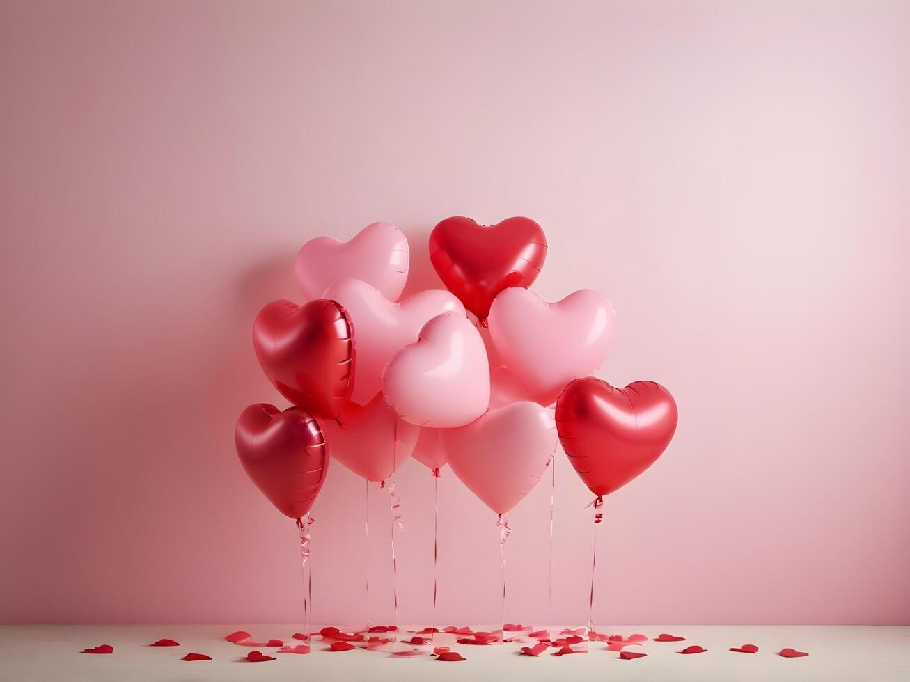 A bunch of red and pink heart-shaped balloons, softly glowing in the background, leaves space for a Valentine message in the center. photo