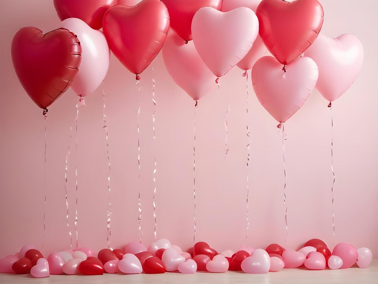 With heart-shaped balloons in red and pink gently blurred in the background, soft lighting creates space for a heartfelt Valentine message in the center. photo