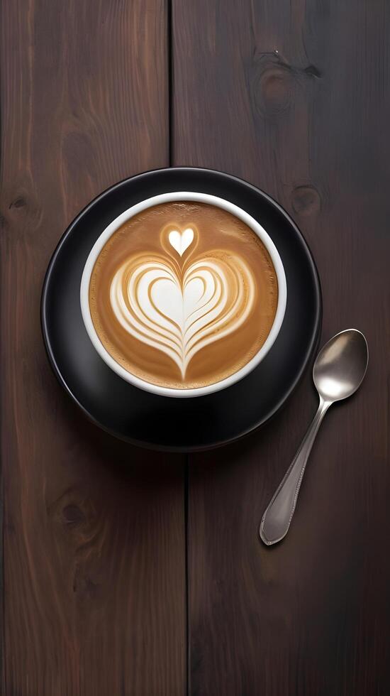 A cup of coffee, topped with heart-shaped latte art, sits on a dark wooden surface, with realistic steam and texture allowing space for a loving message. photo