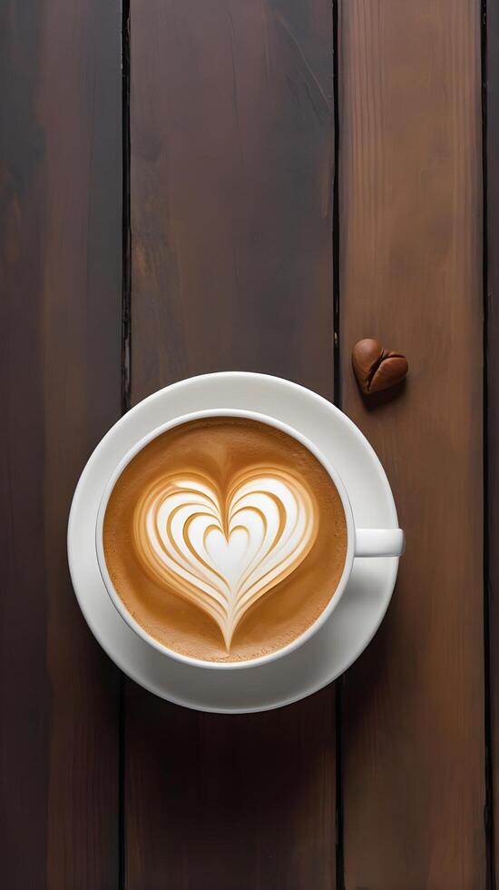 A cup of coffee with lovely heart-shaped latte art rests on a dark wooden surface, with the steam and texture providing room for a Valentine message. photo