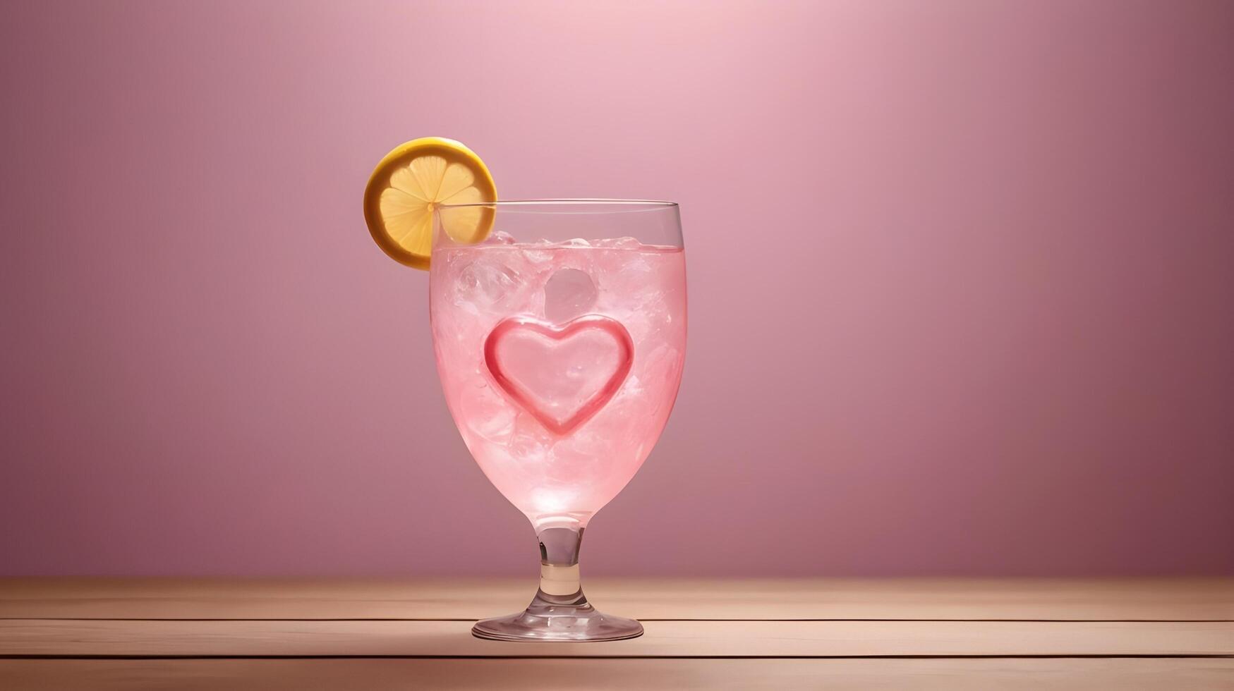 A heart-shaped glass filled with pink lemonade sits on a wooden surface, softly lit, offering ample space in the middle for text. photo