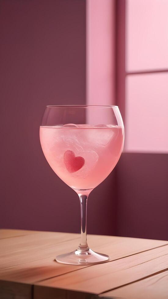 The heart-shaped glass of pink lemonade is placed on a wooden surface, with soft lighting highlighting its design and leaving room for a message. photo