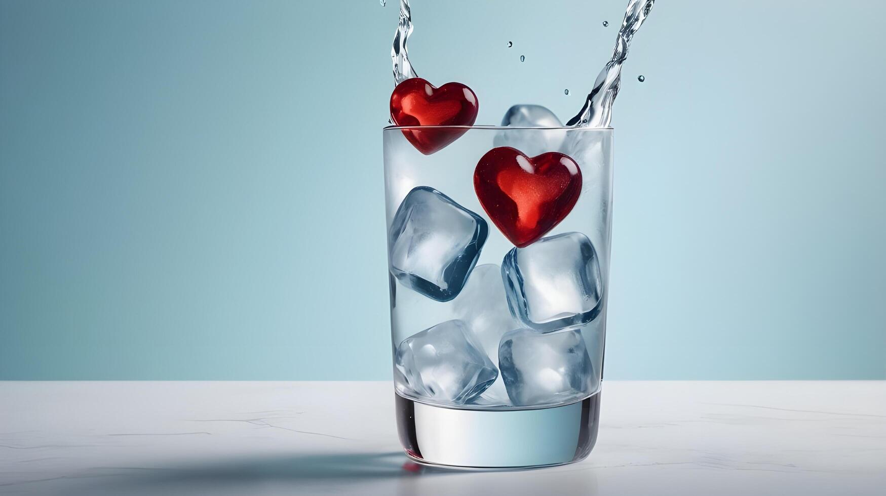 A glass of sparkling water with heart-shaped ice cubes offers a refreshing and clean look, leaving plenty of space for text. photo