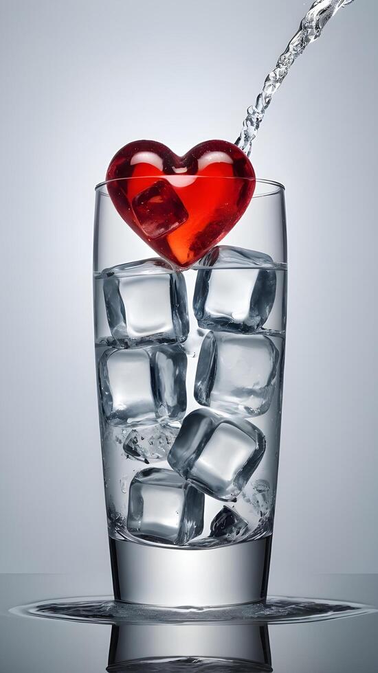A glass of sparkling water with heart-shaped ice cubes creates a fresh, crisp visual, with clear space available for text. photo