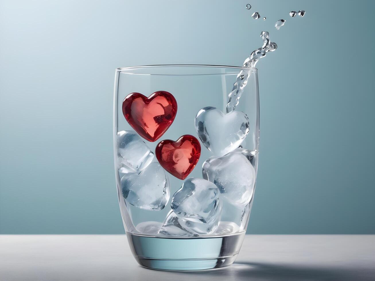 A glass of sparkling water with heart-shaped ice cubes gently floating within, offering a fresh, crisp appearance and a clear canvas for text. photo