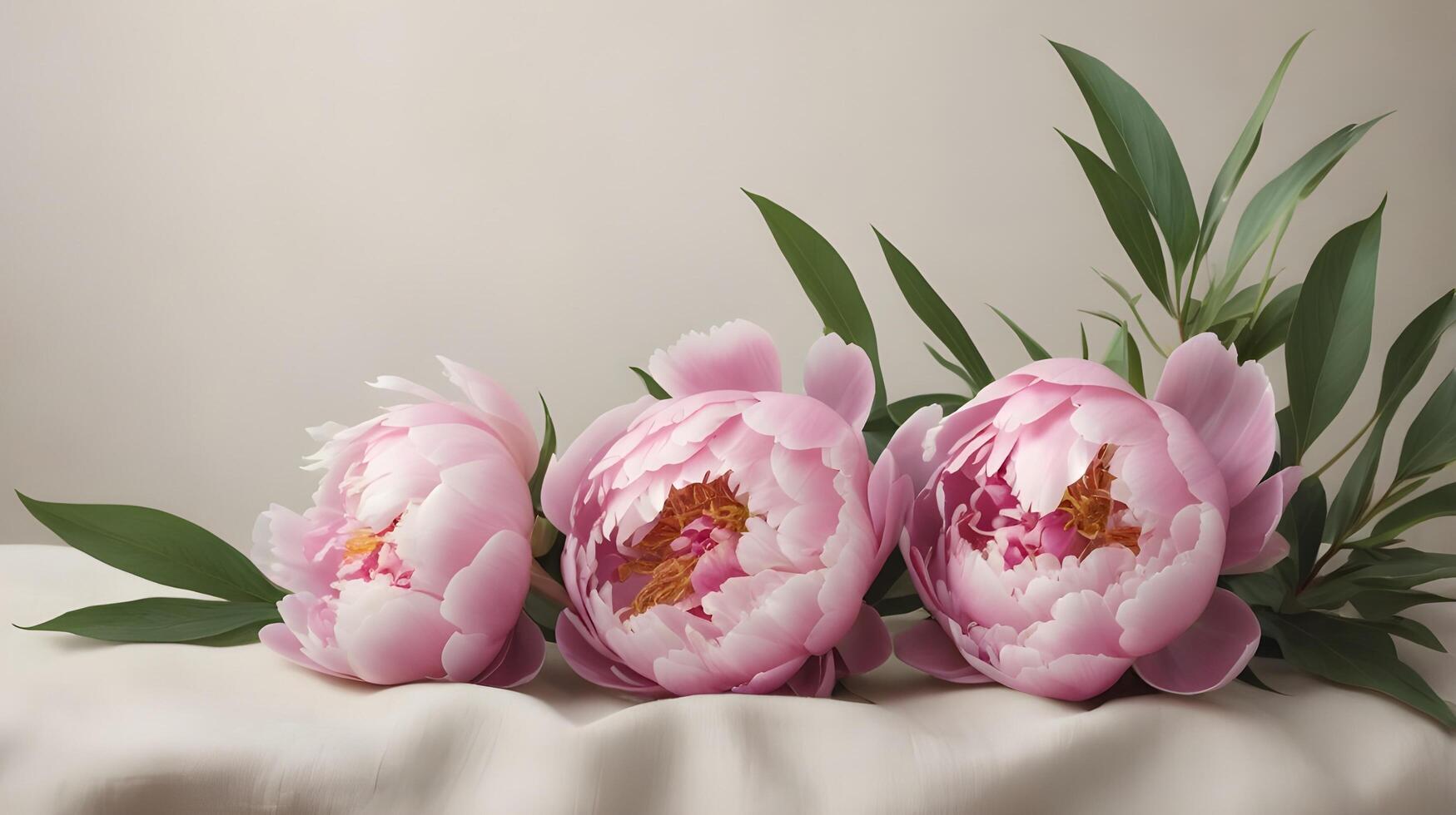 On a soft, neutral linen surface, pink peonies are arranged, and their natural textures leave plenty of room for a message in the center. photo