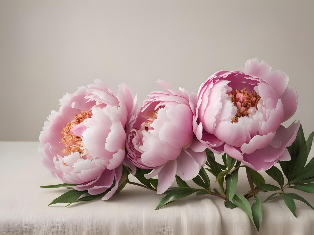 A soft, neutral linen background highlights the pink peonies, creating ample space in the center for a message. photo