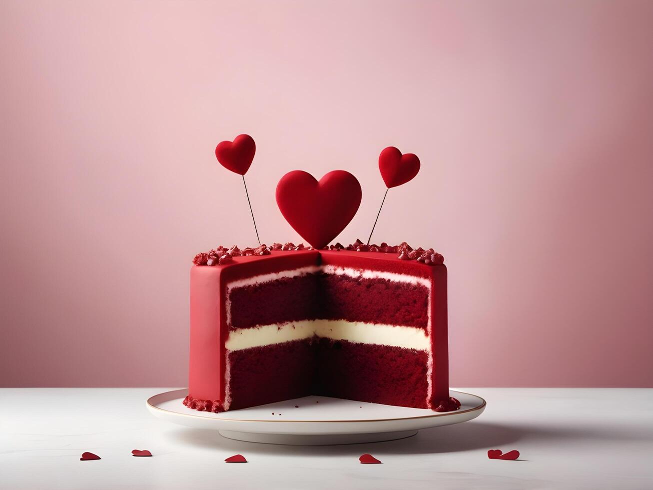 A beautiful red velvet cake, with heart-shaped decorations, is framed by a gently blurred background, leaving clear space for a romantic message. photo