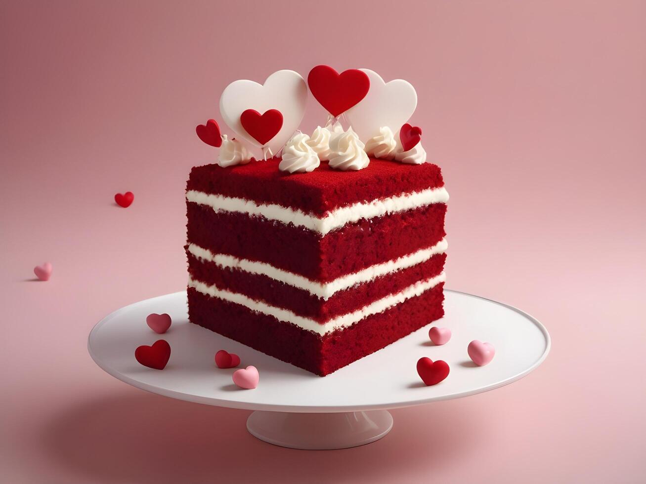 The indulgent red velvet cake, topped with heart-shaped embellishments, is set against a softly blurred background, creating room for a Valentine message in the center. photo