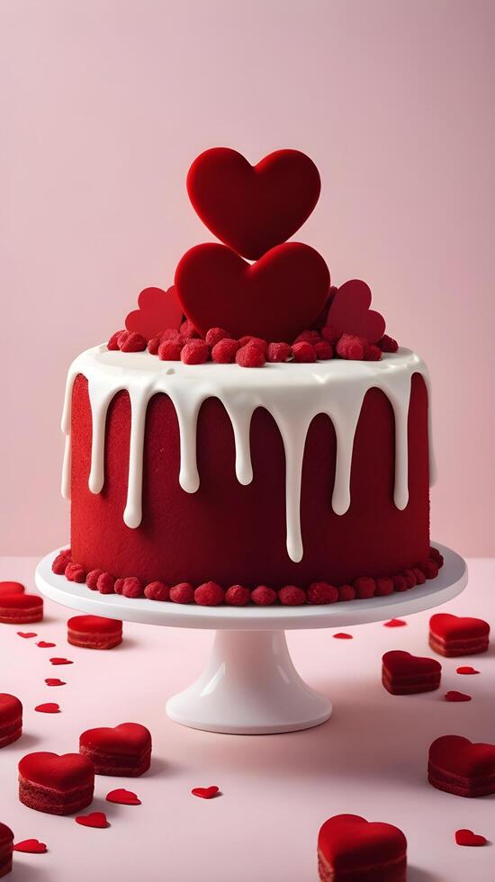 A decadent red velvet cake, decorated with heart-shaped details, is placed against a blurry background, with ample space in the center for a Valentine Day message. photo