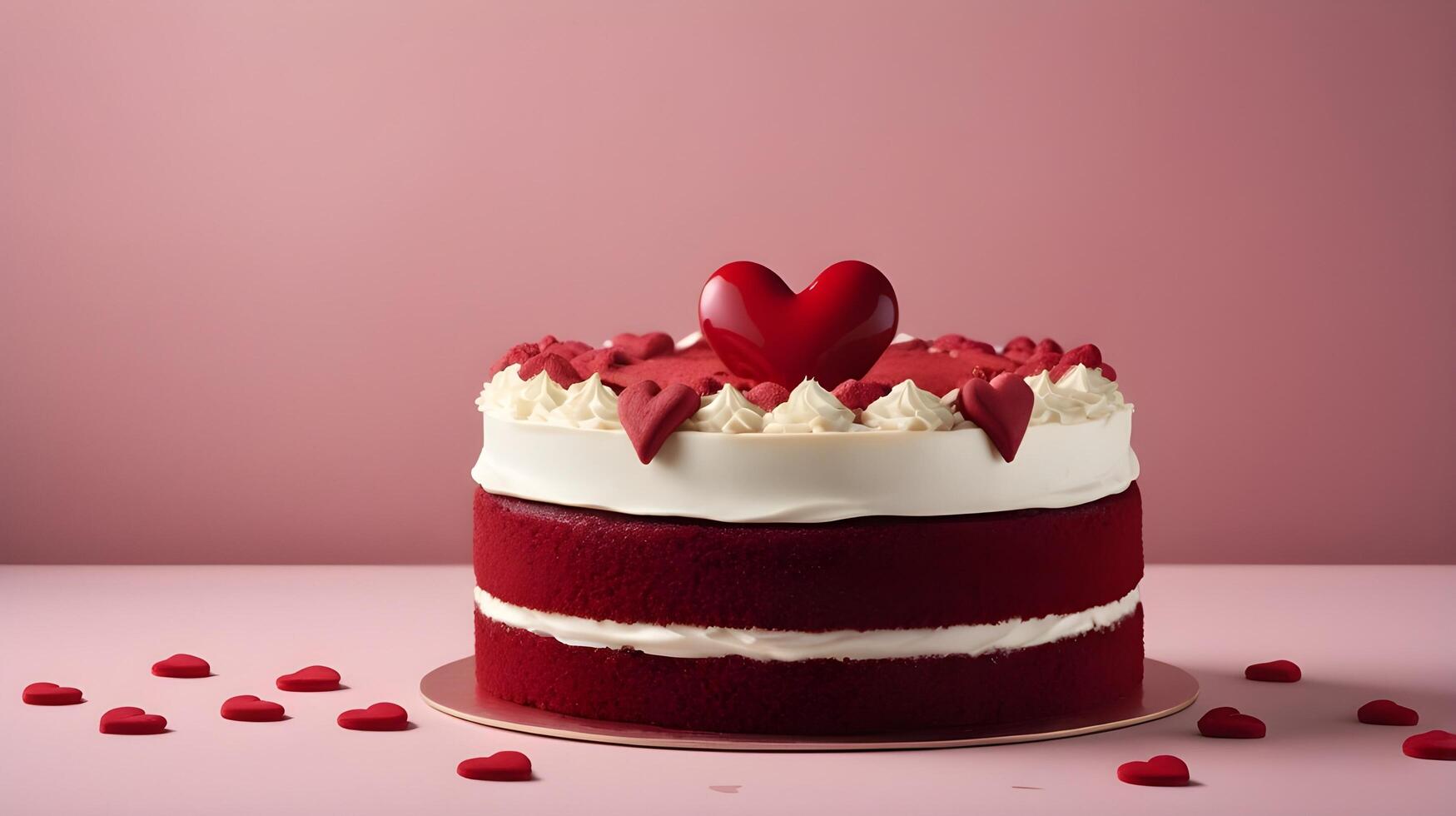 A luscious red velvet cake with heart-shaped toppings rests on a softly blurred backdrop, with ample space in the center for a Valentine message. photo