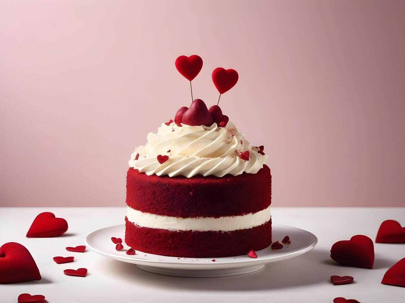 The rich red velvet cake, featuring heart-shaped embellishments, is placed against a gentle blur in the background, leaving space in the center for a loving message. photo