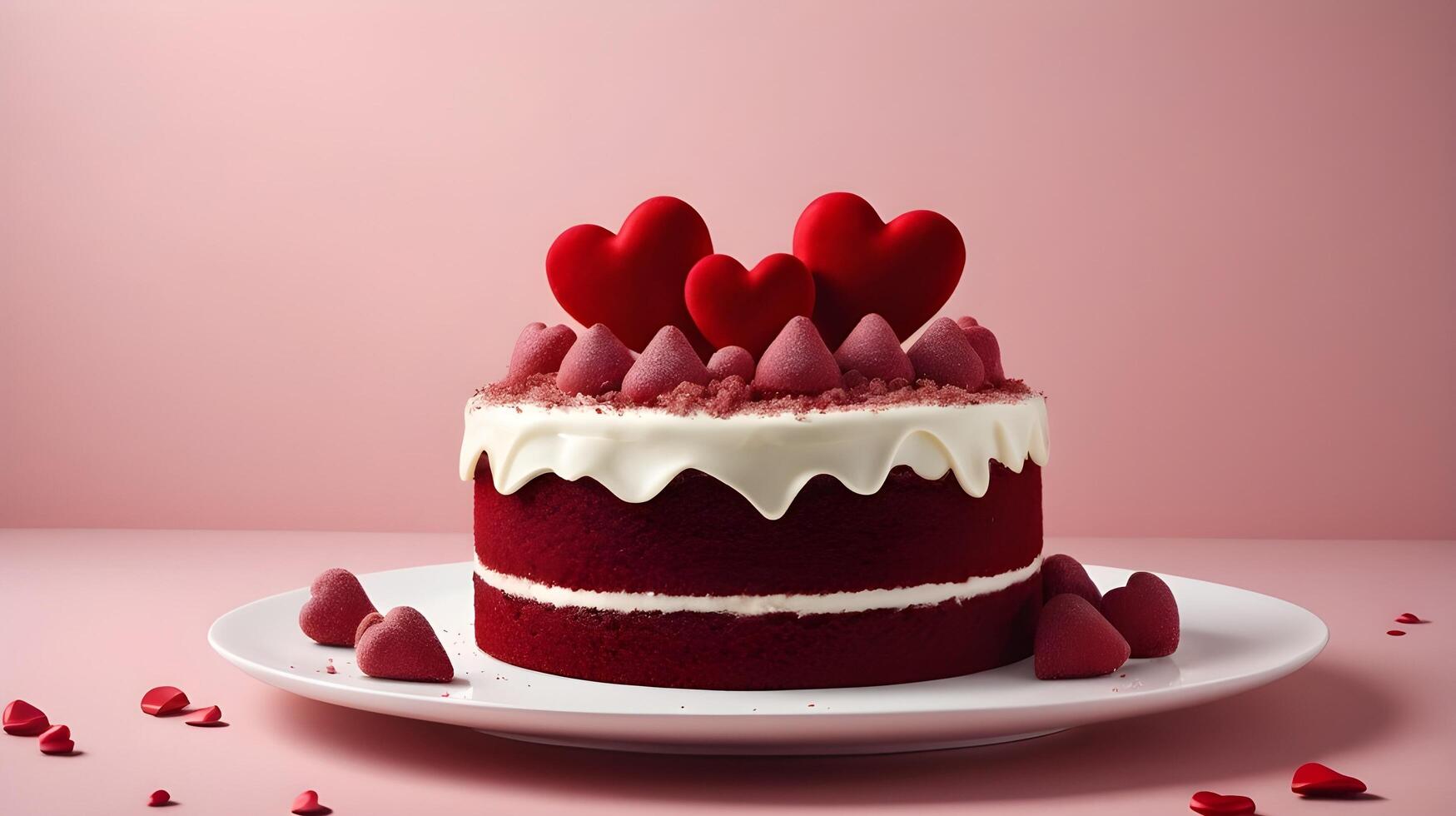 A rich red velvet cake adorned with heart-shaped decorations sits against a softly blurred background, leaving ample space in the center for a Valentine message. photo