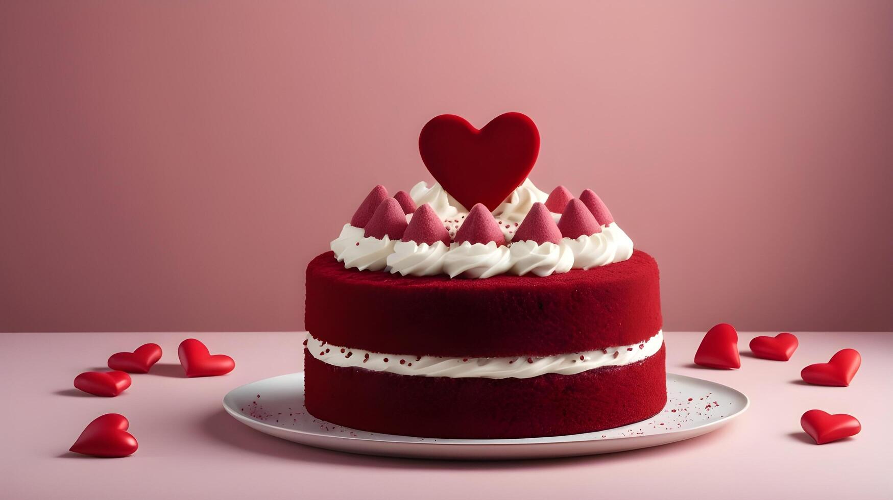 a decadent red velvet cake with heart-shaped decorations on top. The background is softly blurred, leaving plenty of copy space in the center for a Valentine message. photo