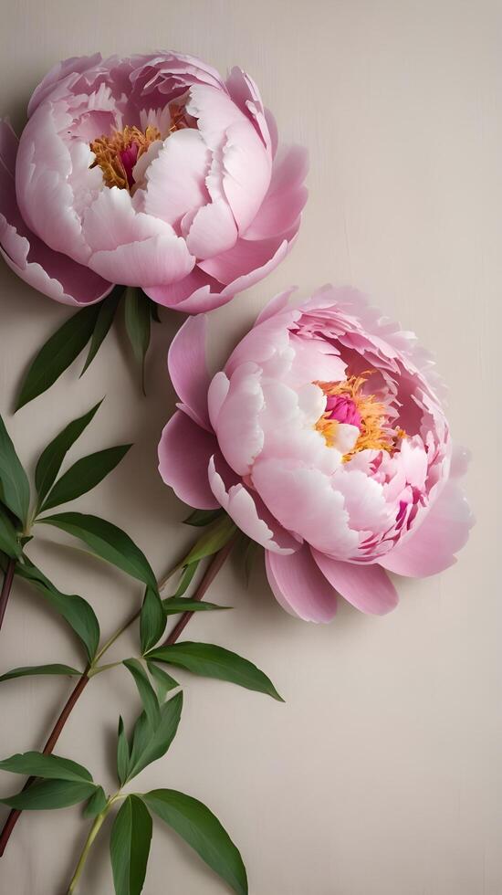 A pink peonies arranged on a soft, neutral linen background. The natural textures and colors of the peonies leave plenty of copy space in the center. photo