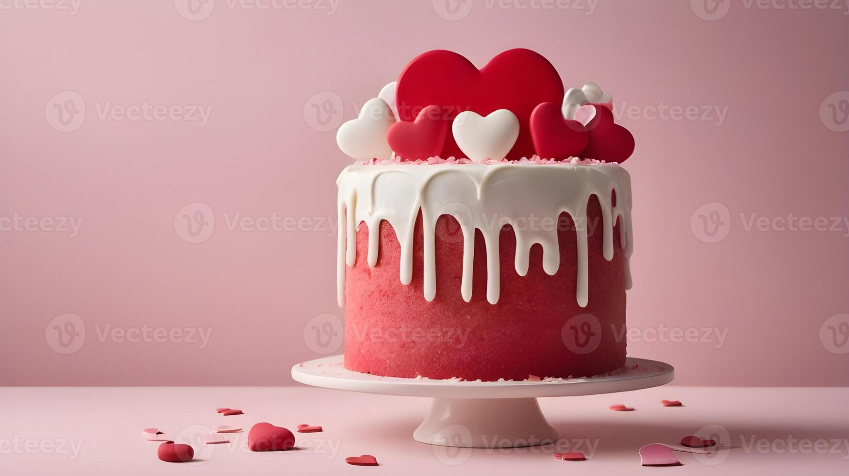 A Valentine Day cake with red and white icing hearts is photographed in close-up, the cake natural texture highlighted by soft lighting, with space for text. photo
