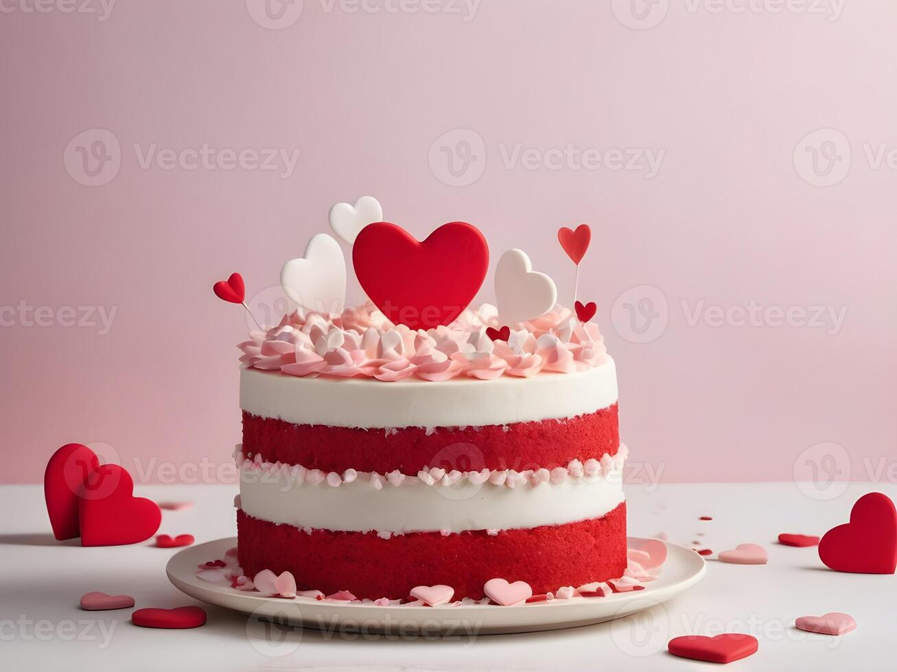 close-up of a Valentine Day cake decorated with red and white icing hearts. The natural texture of the cake and soft lighting allow for ample copy space. photo