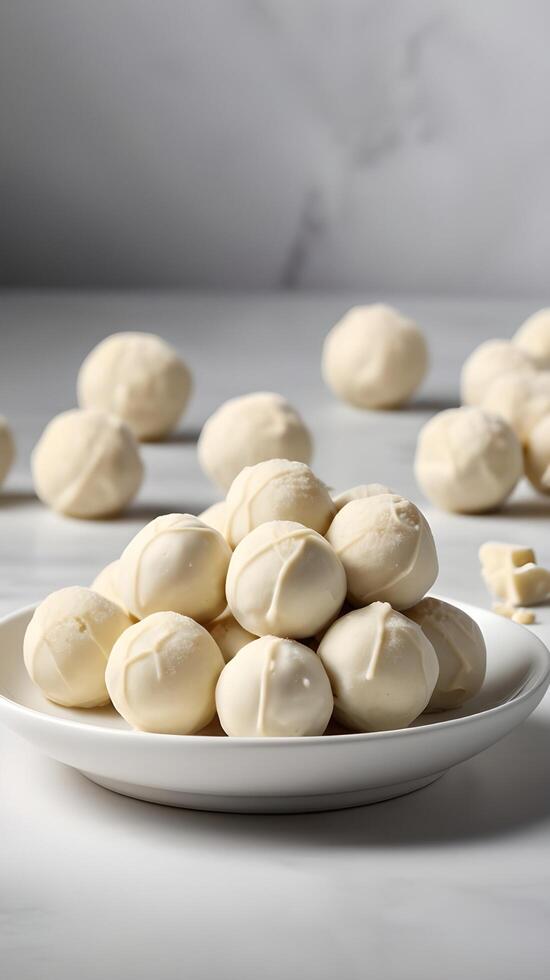 White chocolate truffles rest softly on a porcelain plate, with a clean, simple background and soft lighting creating space for a message. photo
