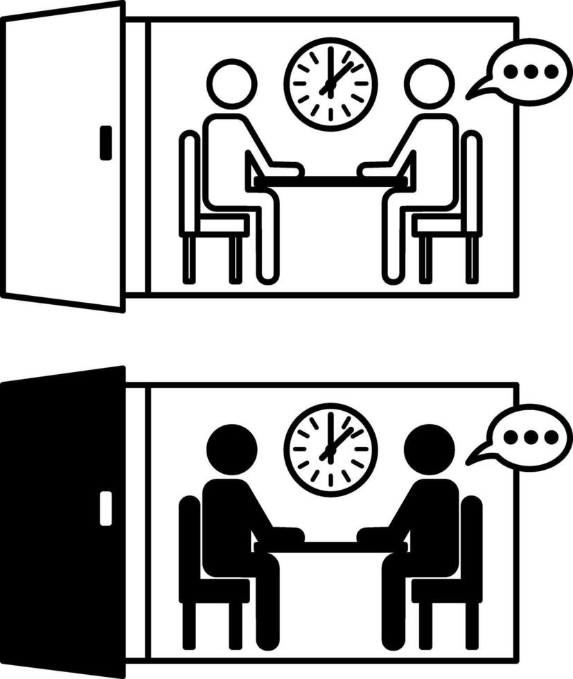 Meeting Room Icons. Black and White Icons. People Sitting at Table and Talking. Office Room with Door and Clock. Business Meeting vector