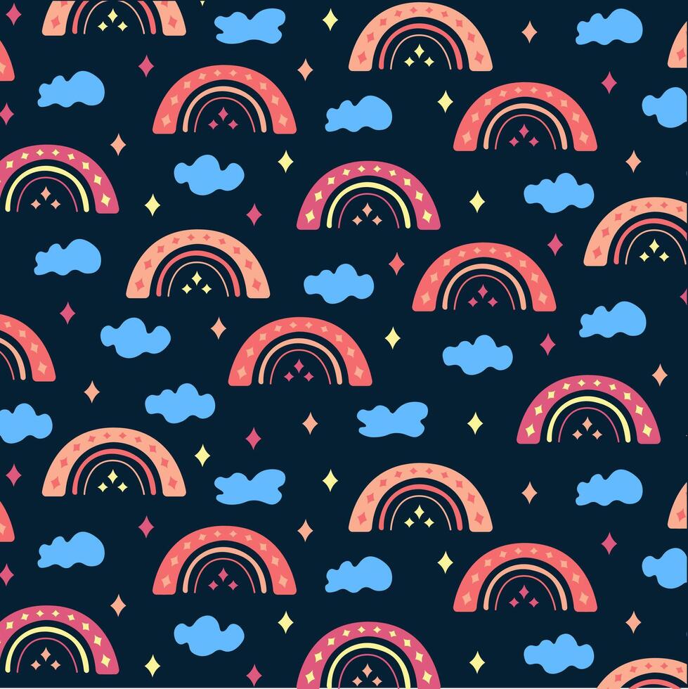 Cute drawn rainbow pattern with clouds and stars vector