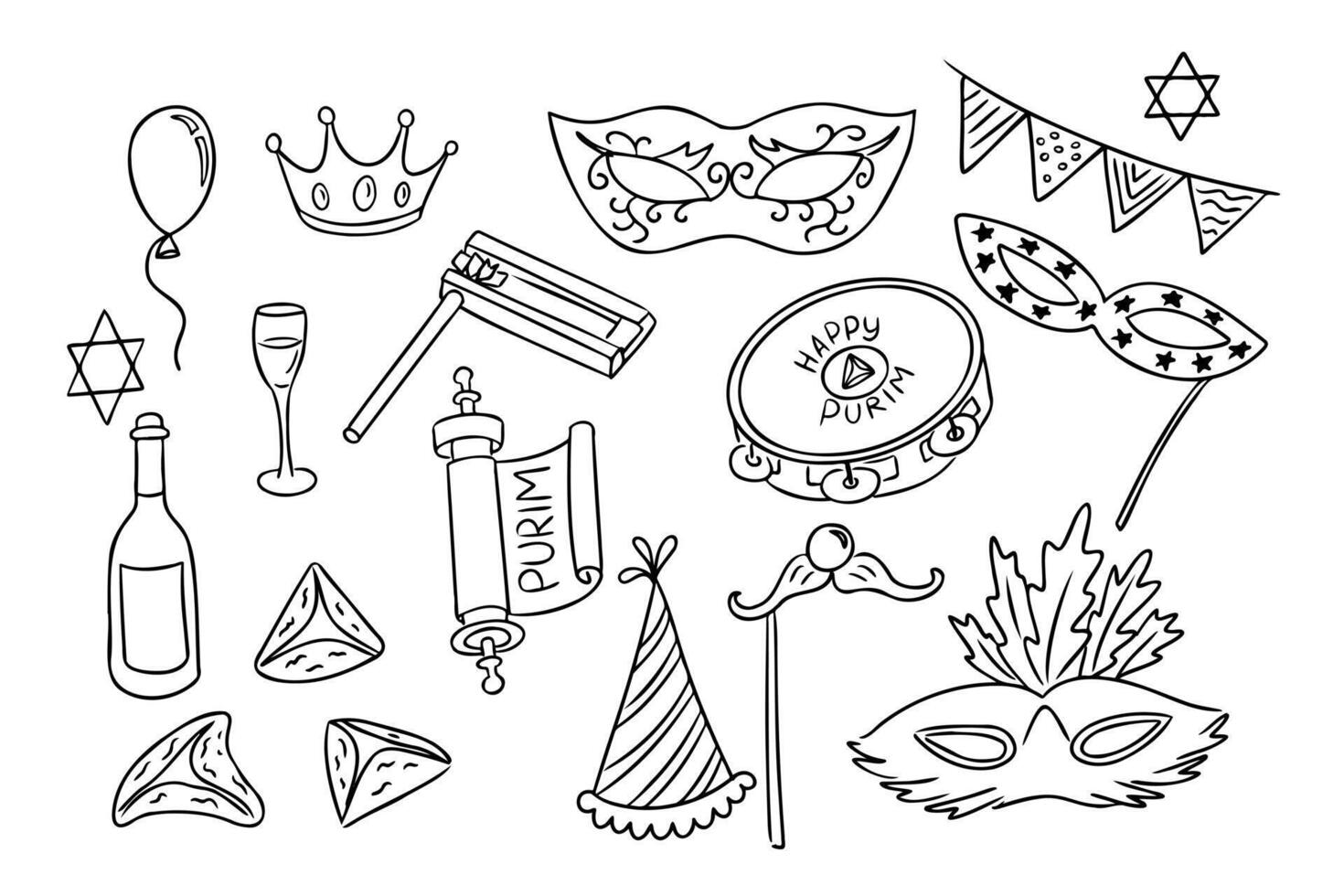 Black and white doodle set of Purim themed elements including masks, grogger, hamantaschen, crown, scroll, wine, tambourine, and festive decorations, symbolizing Jewish holiday. drawings vector