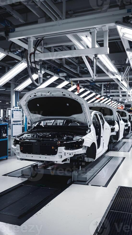 Assembly line shows cars in progress, organized workspace with machinery overhead Vertical Mobile Wallpaper photo