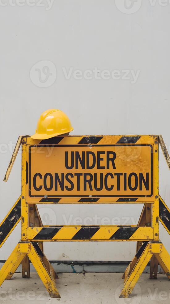 Hard hat on Under Construction sign highlights industrial safety and progress Vertical Mobile Wallpaper photo