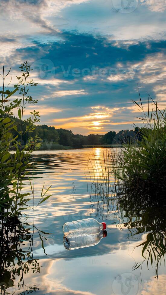 Crushed plastic bottle floats in serene lakeside sunset scene, reflecting golden hues Vertical Mobile Wallpaper photo