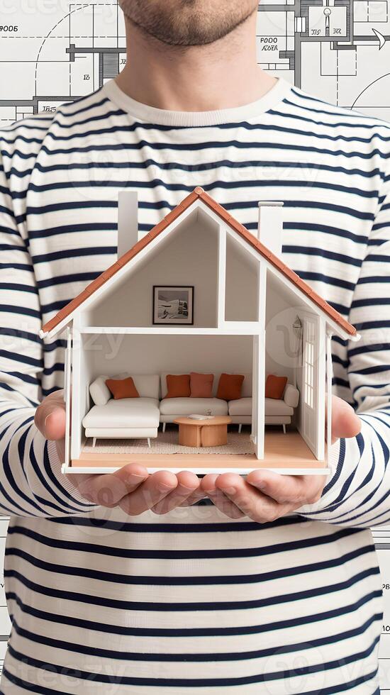 Man holds 3D house model, architectural blueprint backdrop highlights design focus Vertical Mobile Wallpaper photo