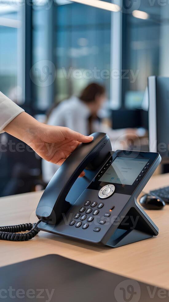Modern office phone on desk with touchscreen, hand holding receiver Vertical Mobile Wallpaper photo