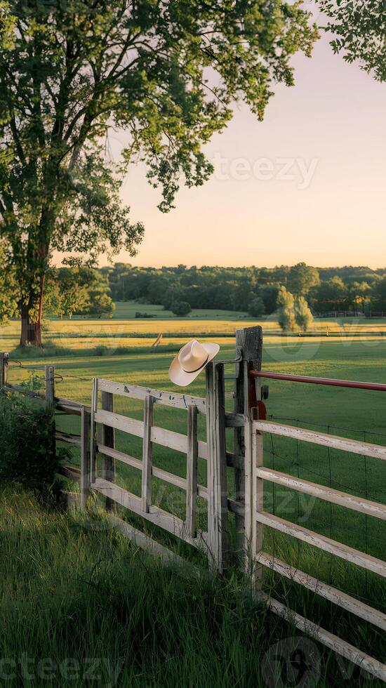 Cowboy hat on weathered fence amidst green fields, evokes rustic countryside charm Vertical Mobile Wallpaper photo