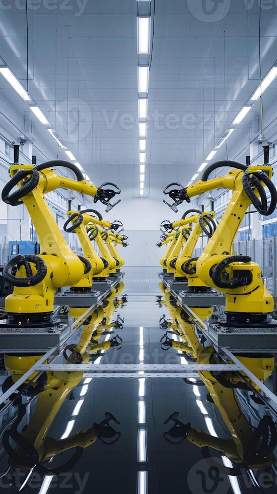 Factory with yellow robotic arms, highlighting automation and advanced technology Vertical Mobile Wallpaper photo