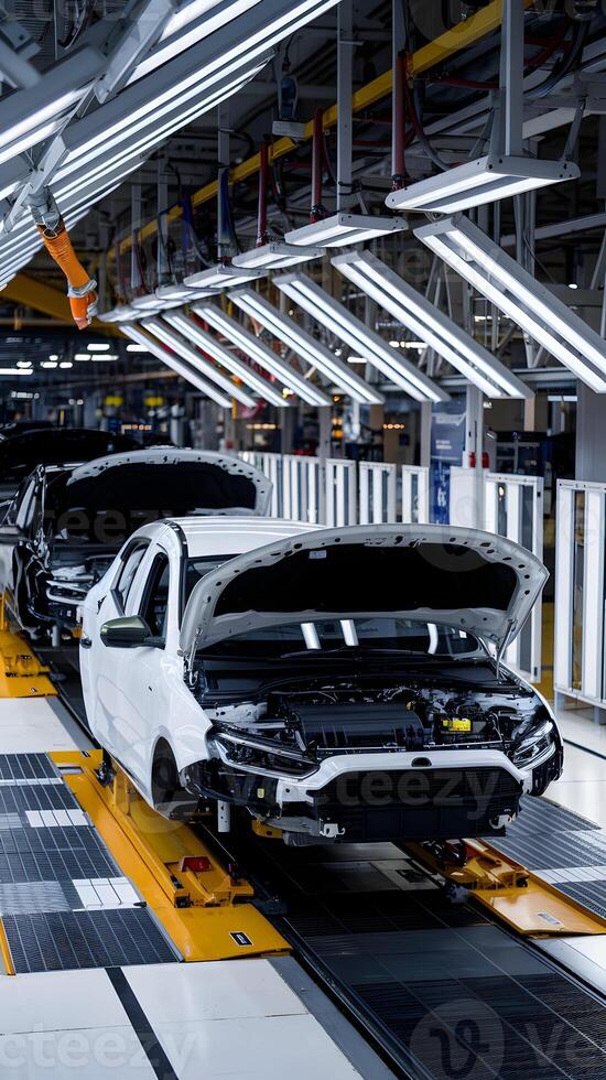 Car factory assembly lines reveal orderly production with vehicles in various stages Vertical Mobile Wallpaper photo