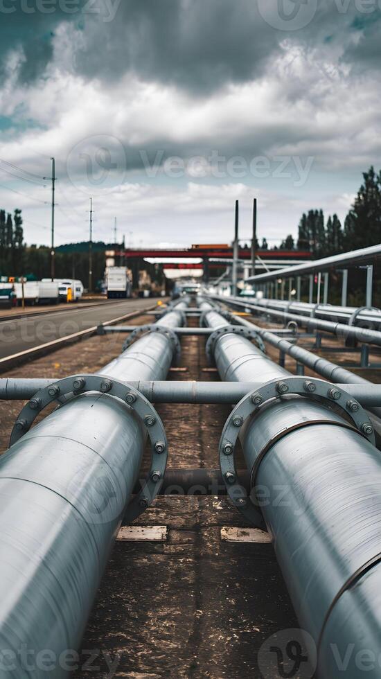 Industrial pipes parallel on ground, road and trees visible, highlighting expansive setup Vertical Mobile Wallpaper photo