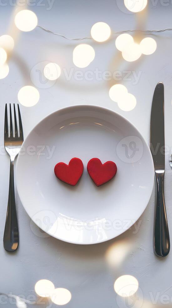 Table setting with heart shaped objects, silver fork, and knife on festive background Vertical Mobile Wallpaper photo
