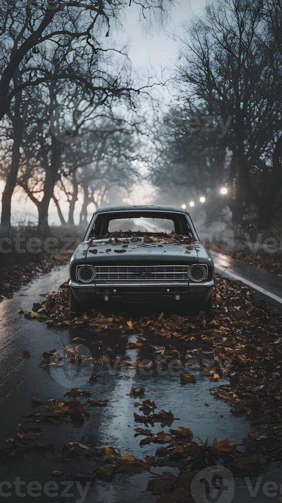 Abandoned car on wet road creates an eerie atmosphere with leafless trees Vertical Mobile Wallpaper photo