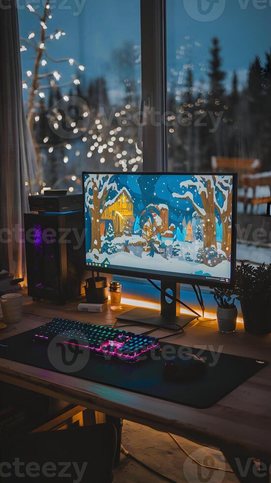An evening workspace with a colorful monitor, glowing keyboard, and snowy window view Vertical Mobile Wallpaper photo