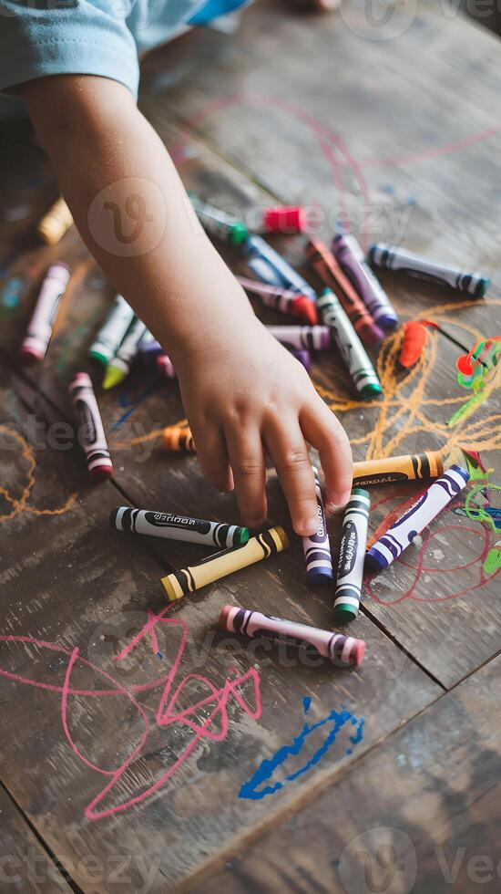 Childs hand reaches for crayon among colorful scribbles, evoking artistic joy Vertical Mobile Wallpaper photo
